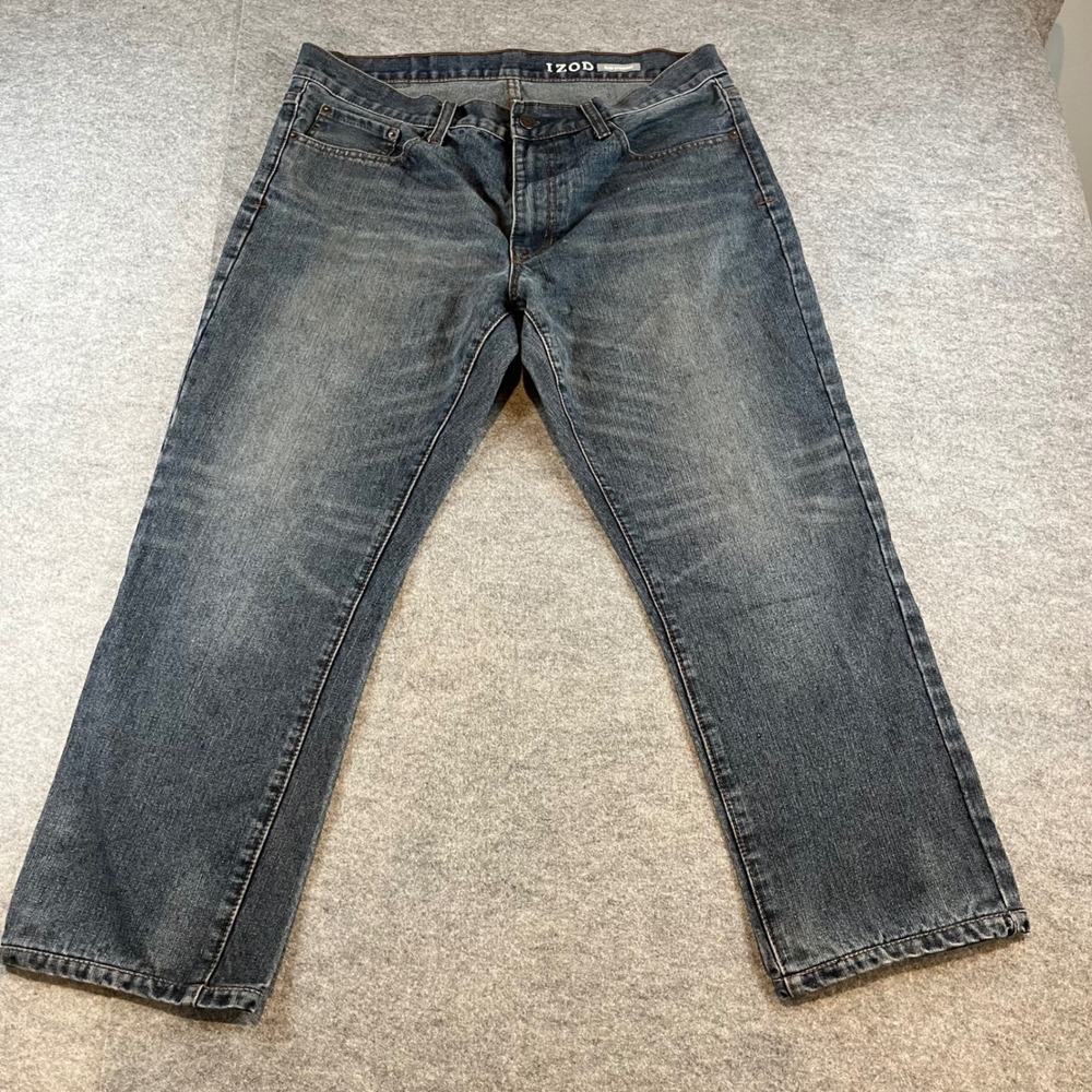 IZOD Mens‎ Slim Straight Dark Wash Denim Jeans 36x32 Casual Classic Blue 0355